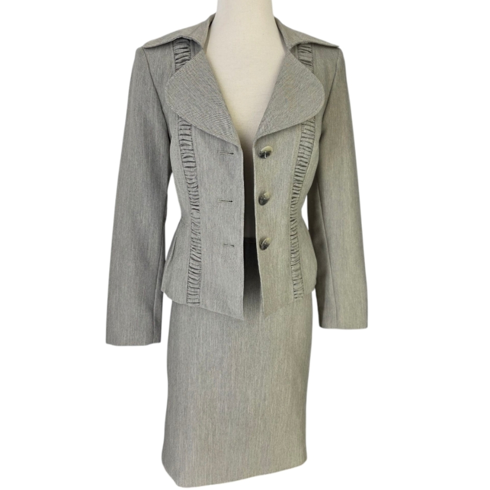 LeSuit Three Button Jacket & Skirt Suit Set Neutral Tan Beige Gray Weave Sz 6 - Picture 4 of 16